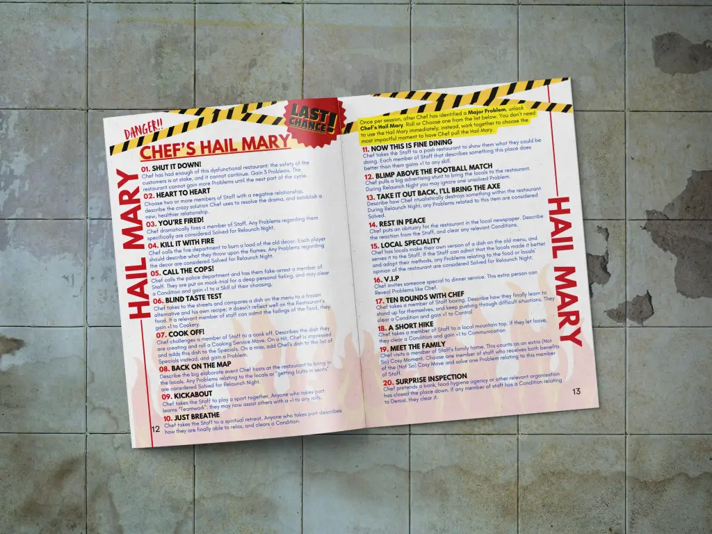 Mockup of Serving Up Disaster a TTRPG of Kitchen Nightmares open to a double spread of Chef's Hail Mary
