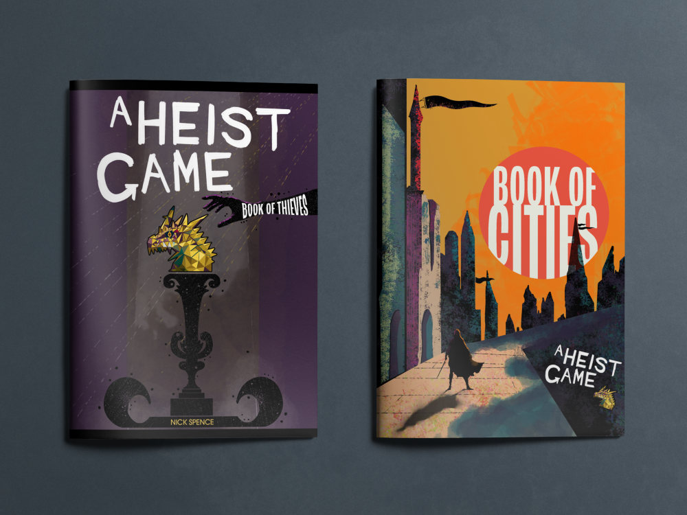 mockup of both zines for A Heist Game